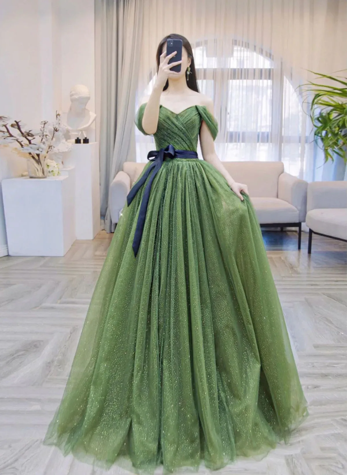 Green A-line Shiny Tulle Off Shoulder Party Dress, Green Tulle Prom Dress