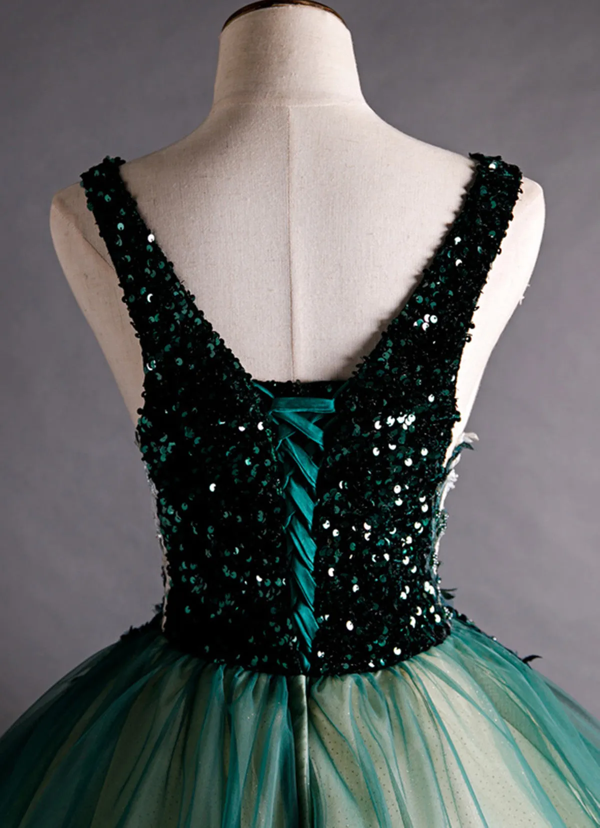 Green Ball Gown V-neckline Sequins Long Formal Dress, Green Sequins Prom Dress