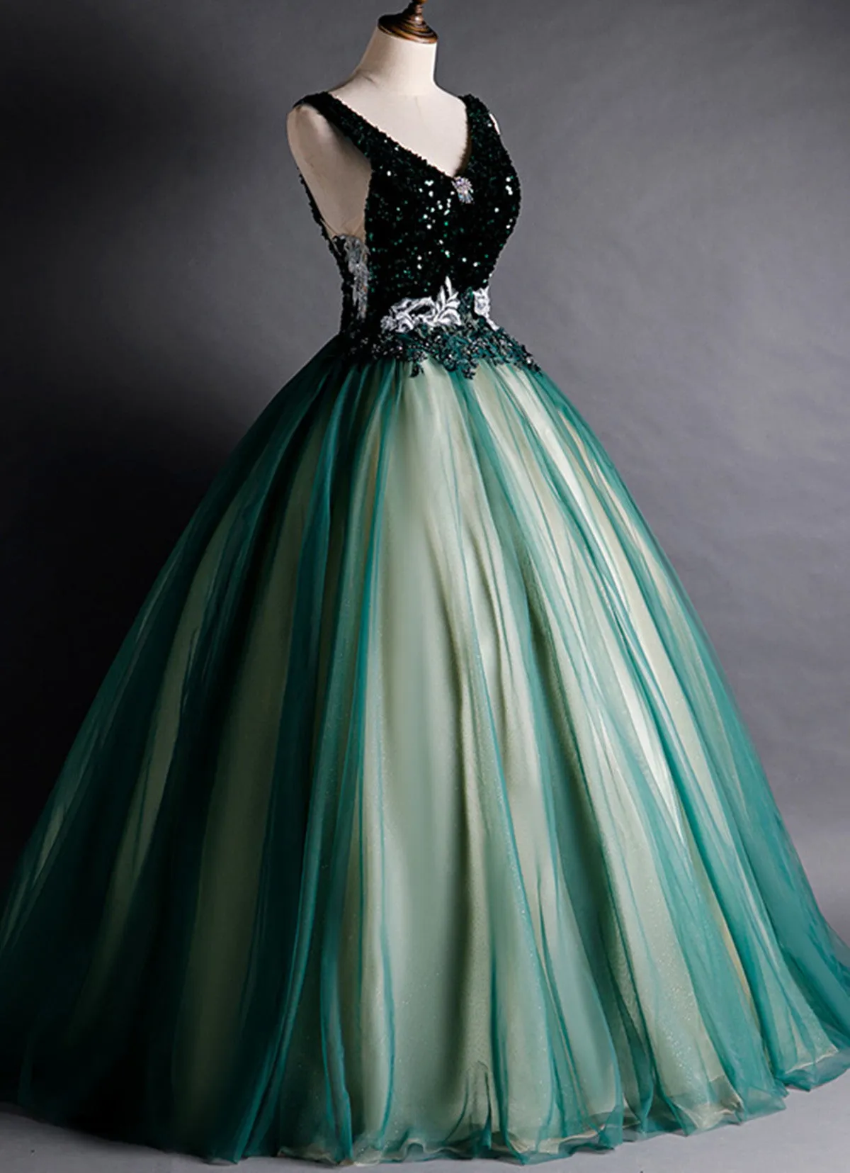 Green Ball Gown V-neckline Sequins Long Formal Dress, Green Sequins Prom Dress