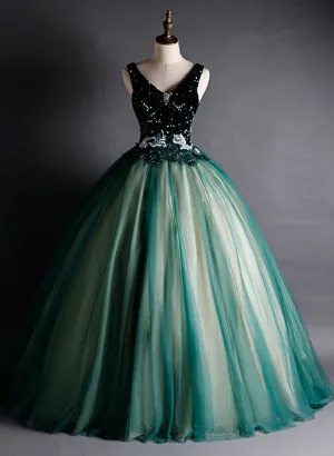 Green Ball Gown V-neckline Sequins Long Formal Dress, Green Sequins Prom Dress