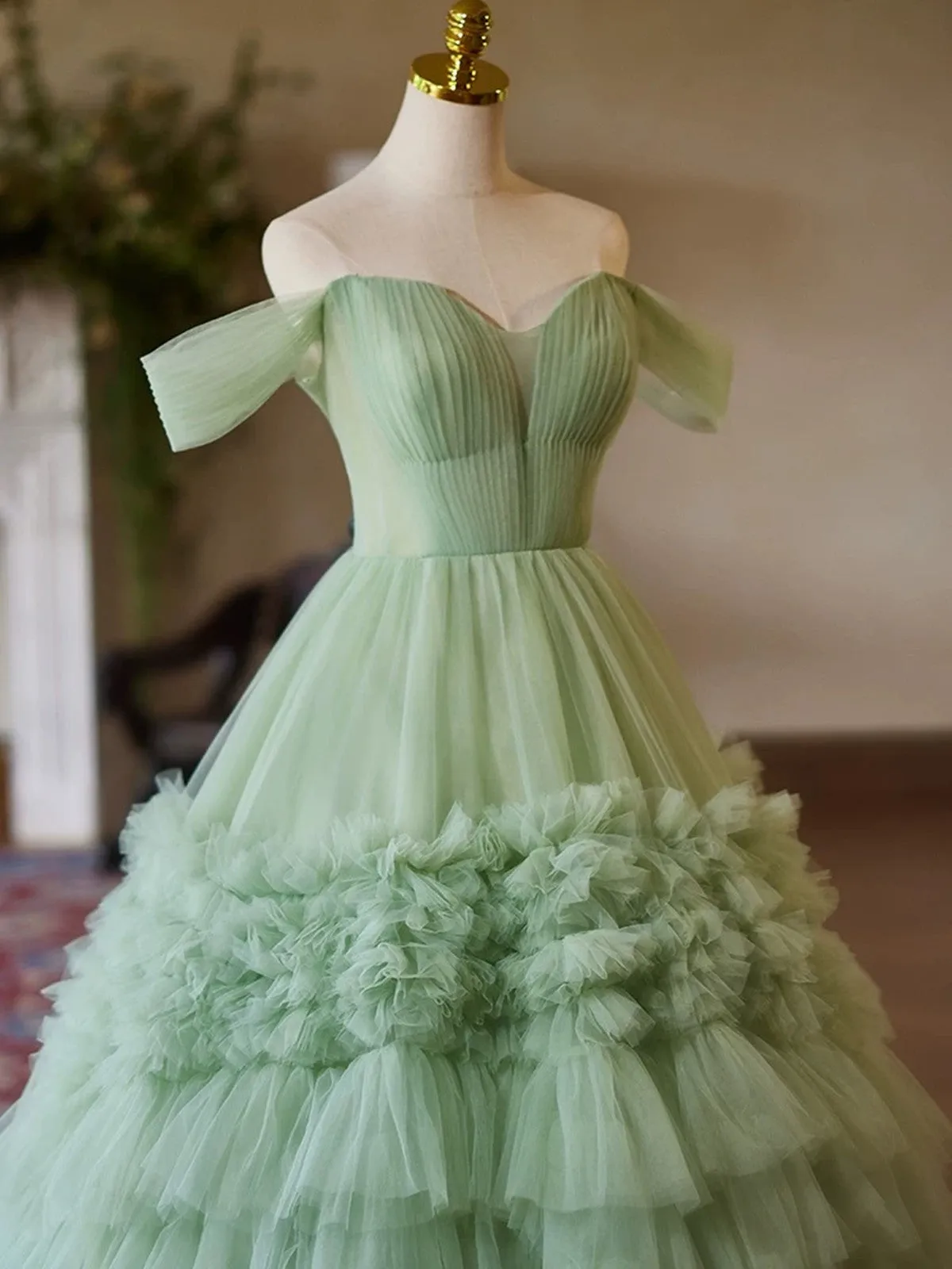 Green Sweetheart Tulle Off Shoulder Layers Long Formal Dress, Green Sweet 16 Dress