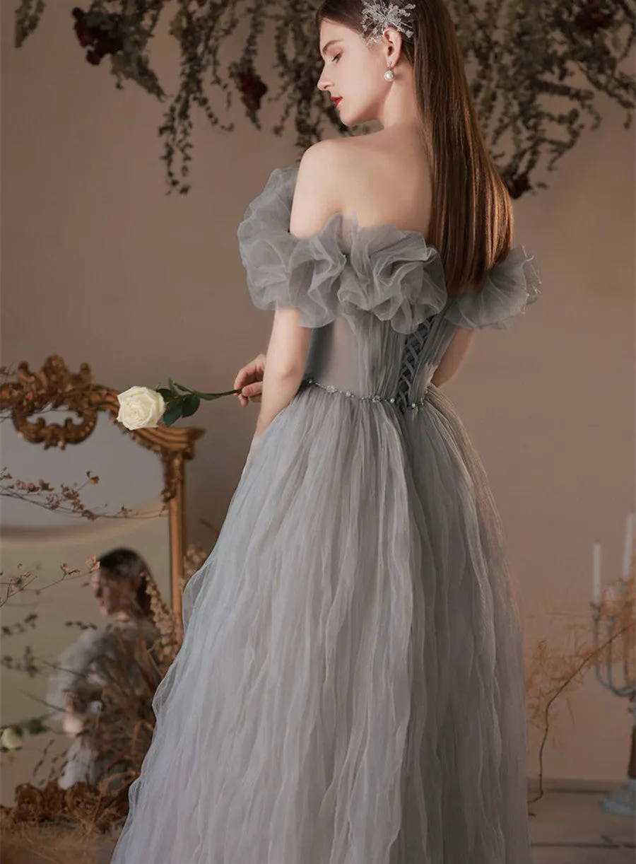 Grey Off Shoulder Beaded A-line Prom Dress, Grey Long Formal Dress