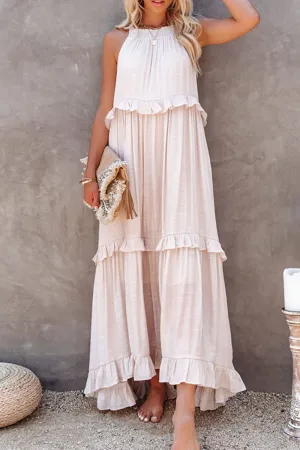 Halter Sleeveless Pleated Tiered Maxi Dress