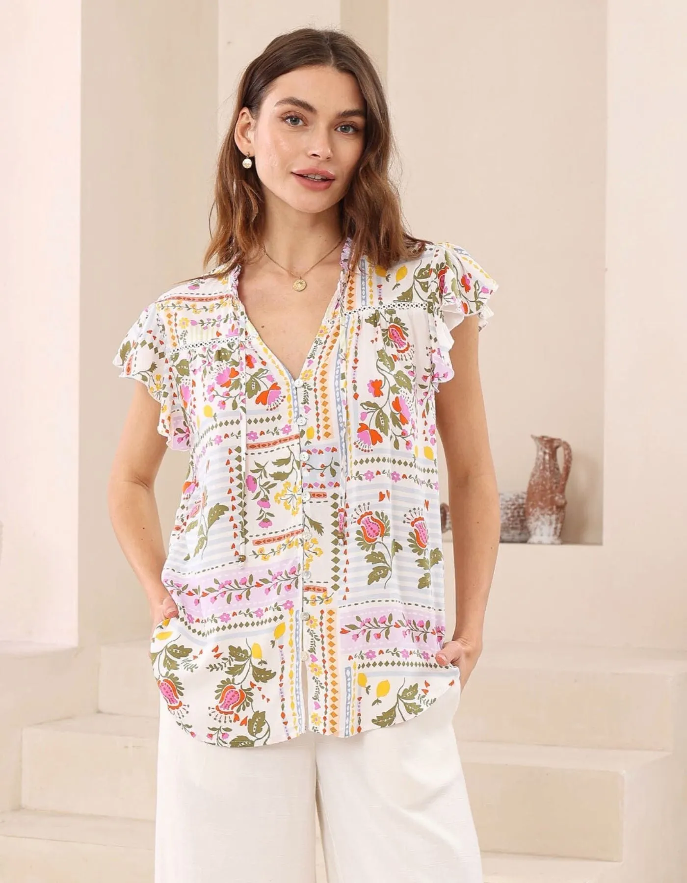 Jojo Flutter Sleeve V Neck Top in Multi Floral