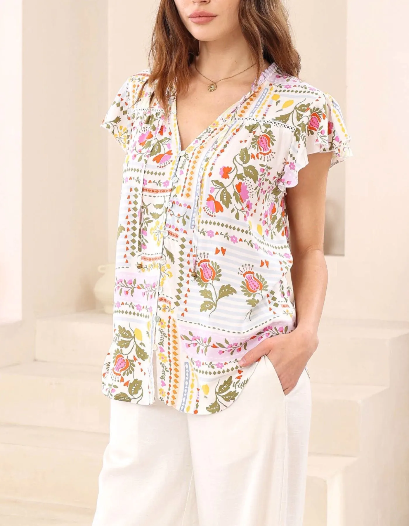 Jojo Flutter Sleeve V Neck Top in Multi Floral