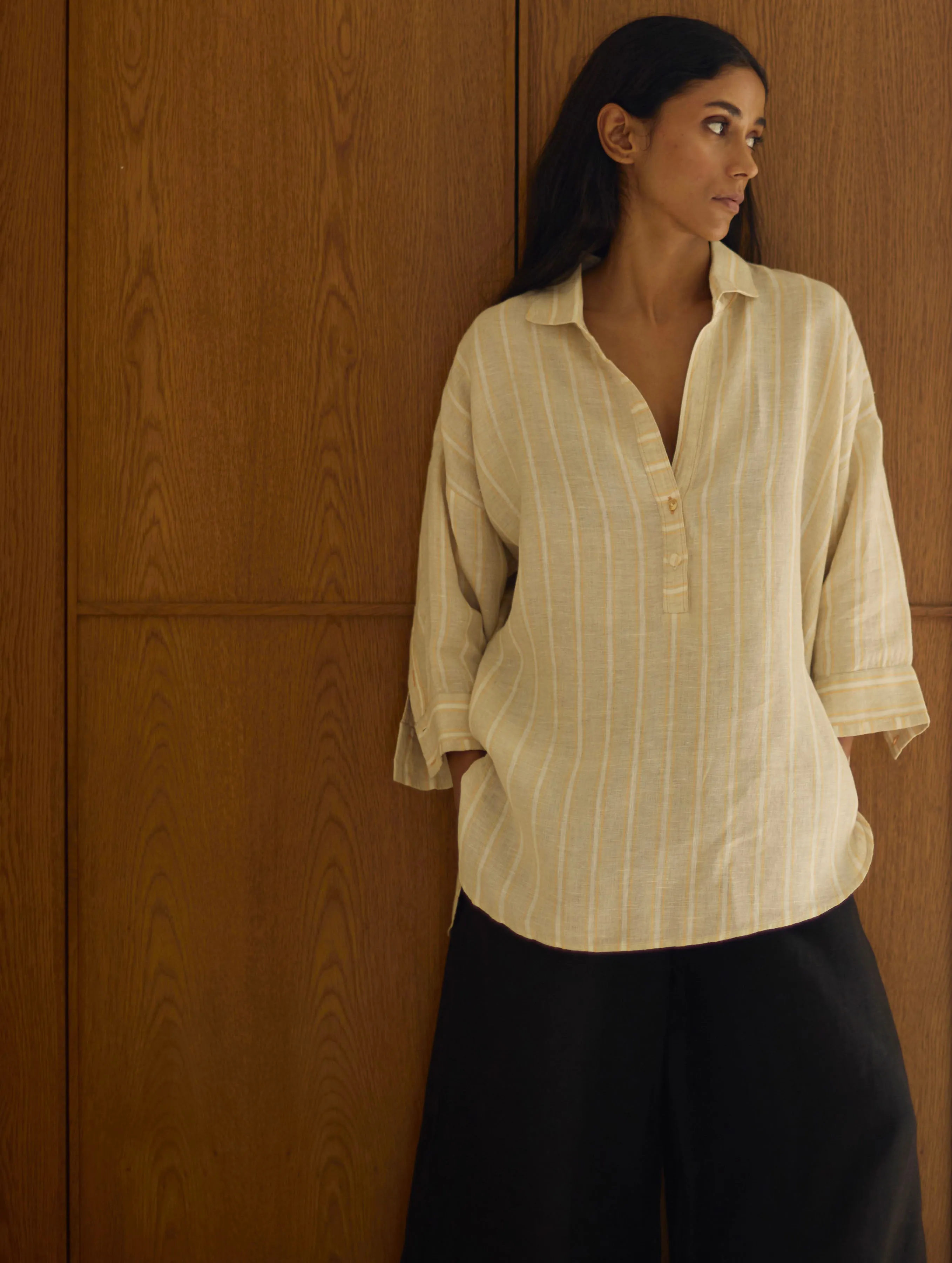 Kiku Striped Linen Top with Black Linen Pants