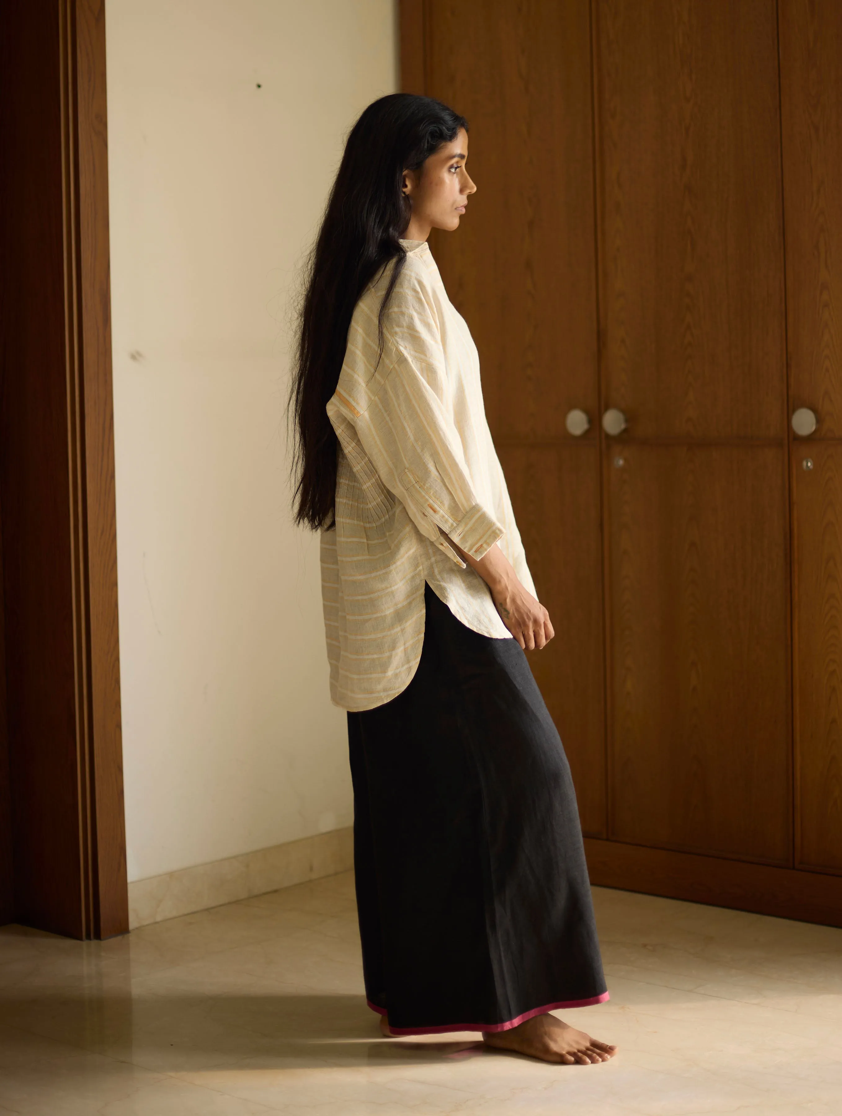 Kiku Striped Linen Top with Black Linen Pants