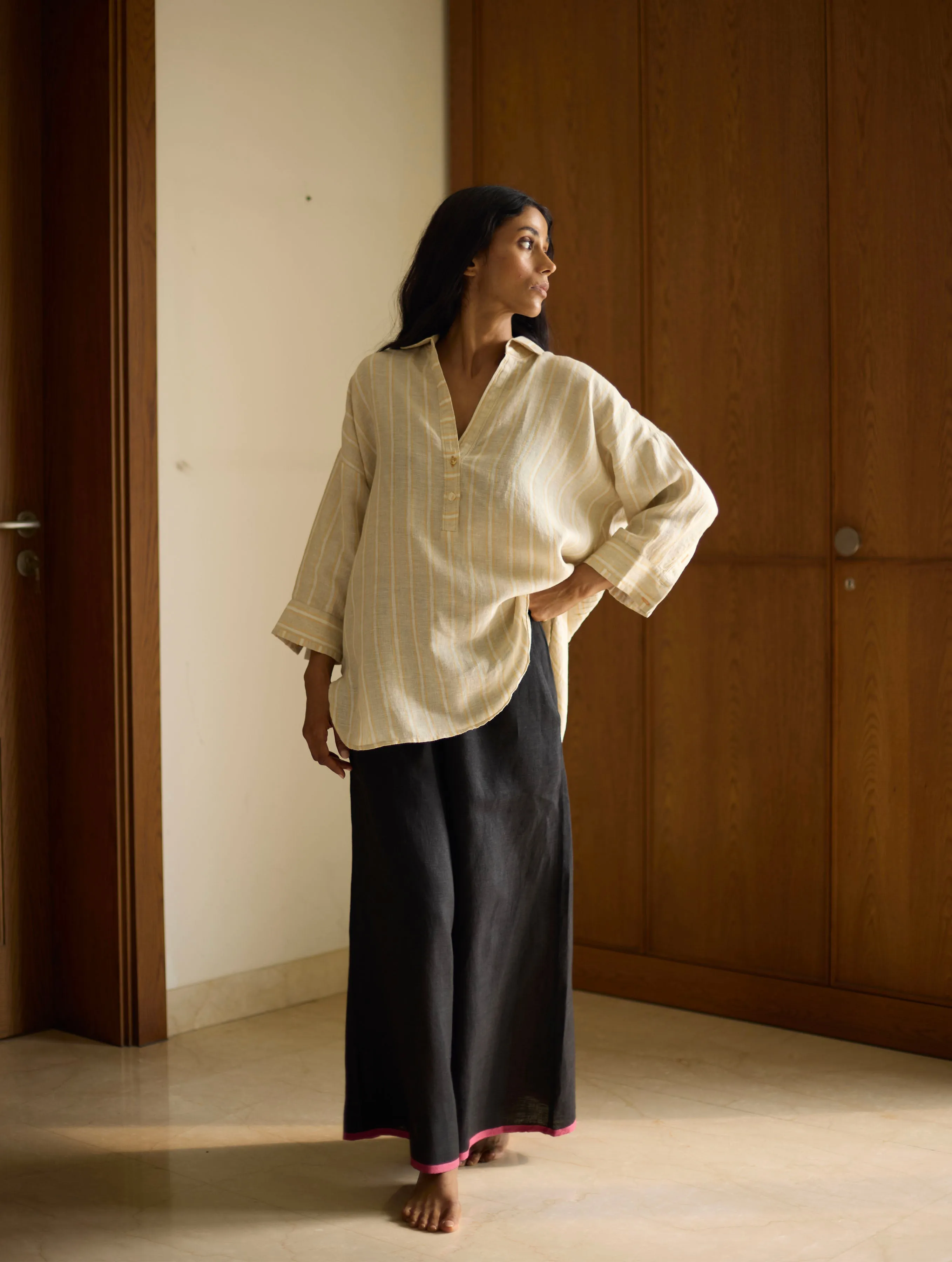 Kiku Striped Linen Top with Black Linen Pants