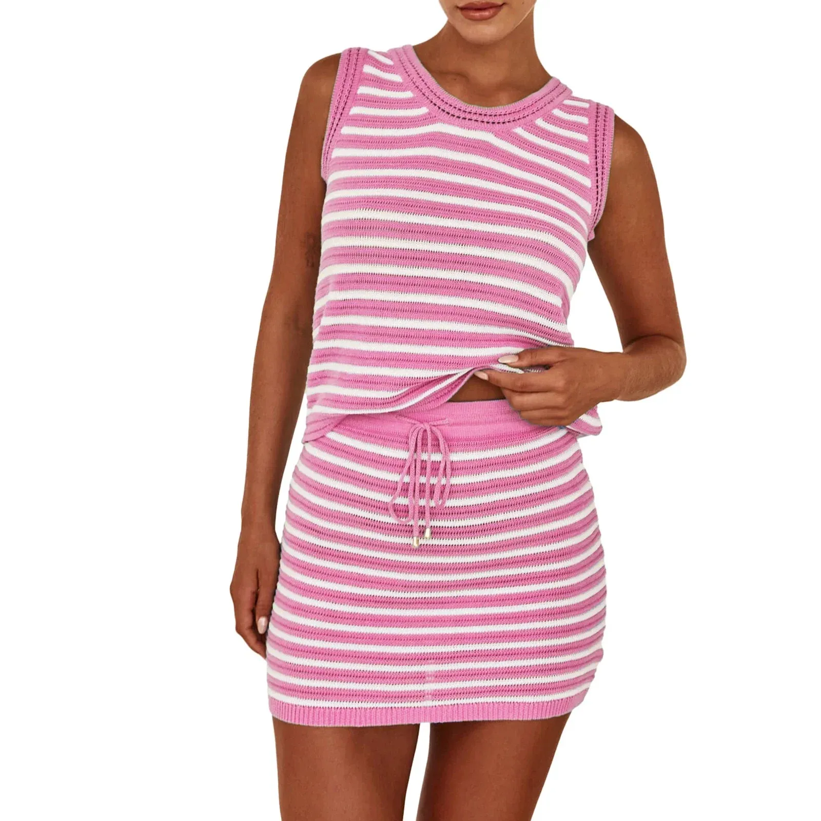 Knit Stripe Round Neck Sleeveless Drawstring Summer Pajamas