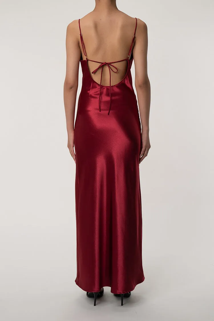 Lavish Cowl Neck Spaghetti Strap Backless Fishtail Satin Evening Maxi Dress