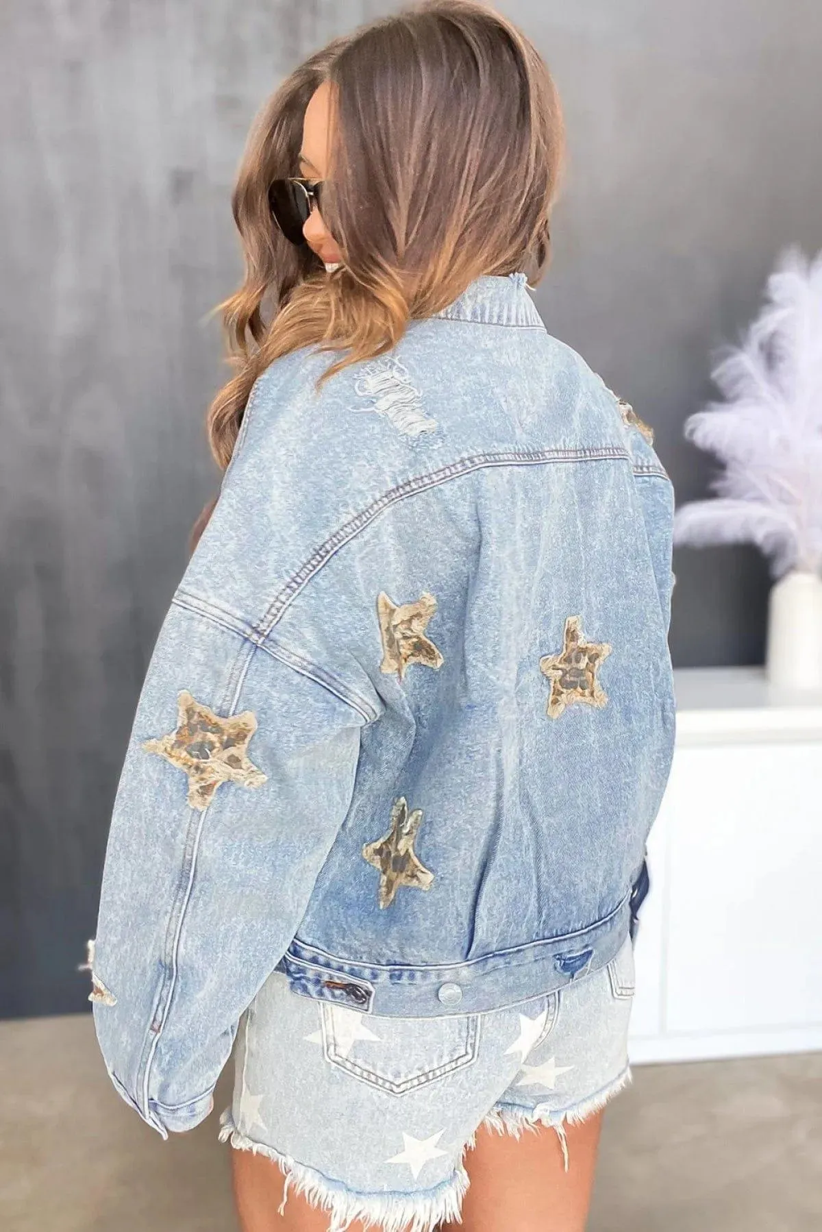 Leopard Star Distressed Cropped Denim Jacket Sky Blue