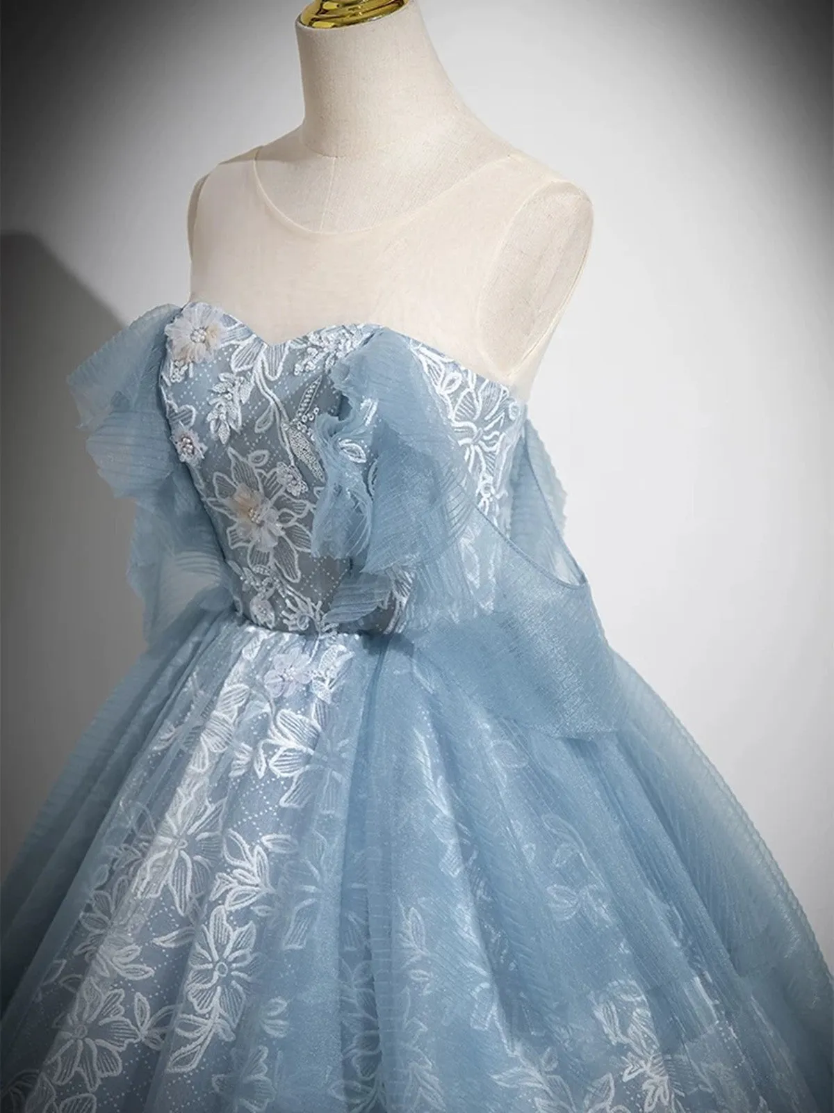 Light Blue A-line Lace and Tulle Long Party Dress, Blue Round Neckline Prom Dress