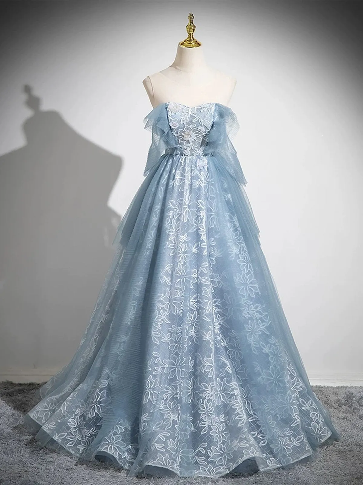 Light Blue A-line Lace and Tulle Long Party Dress, Blue Round Neckline Prom Dress