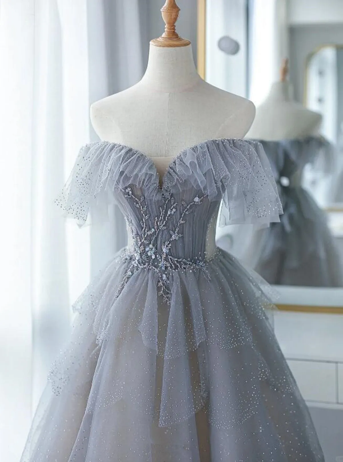 Light Grey Tulle Straps Beaded Long Formal Dress, A-line Grey Prom Dress Evening Dress