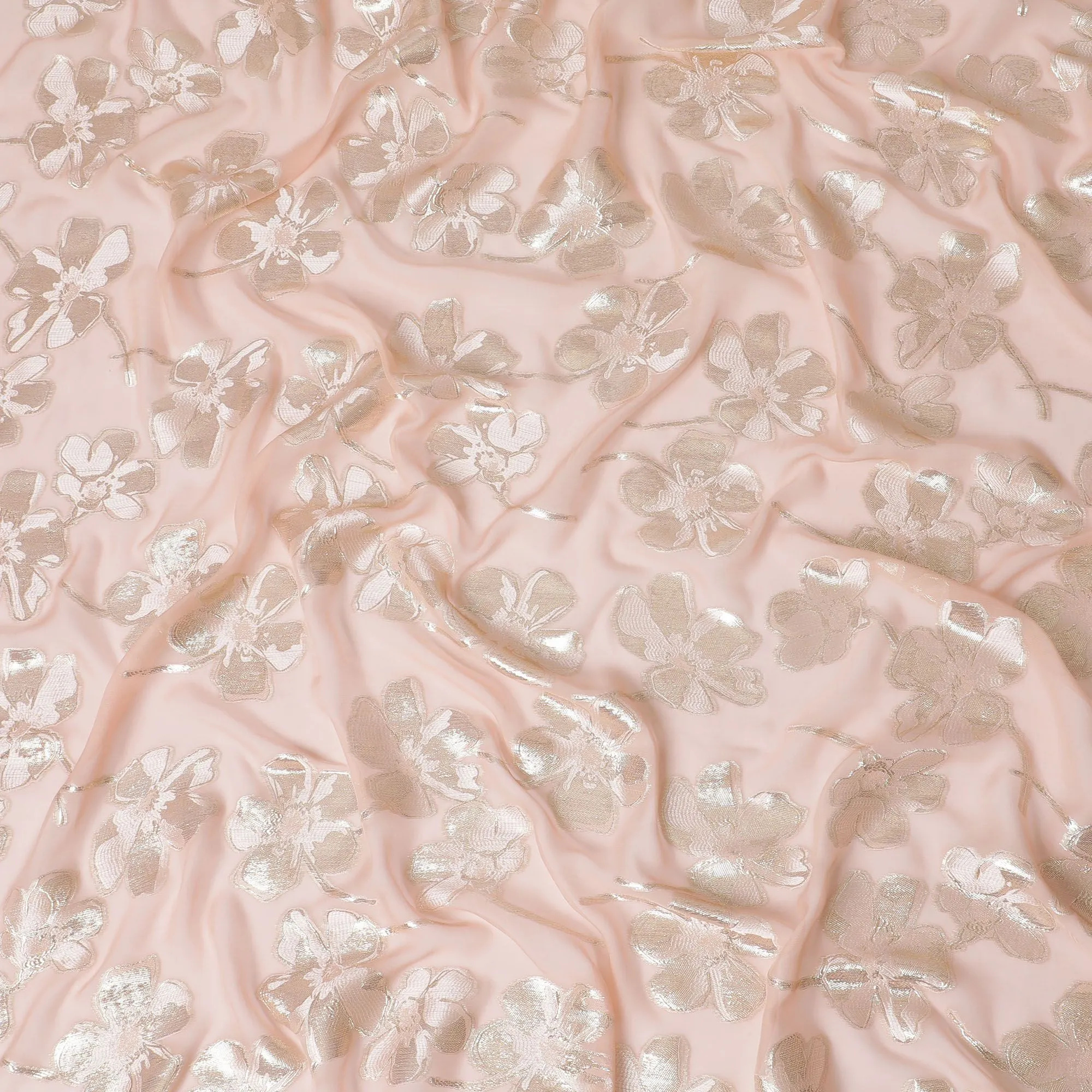 Light Peach Premium pure silk chiffon fabric with same tone viscose having gold and silver metallic lurex in floral design-D17233