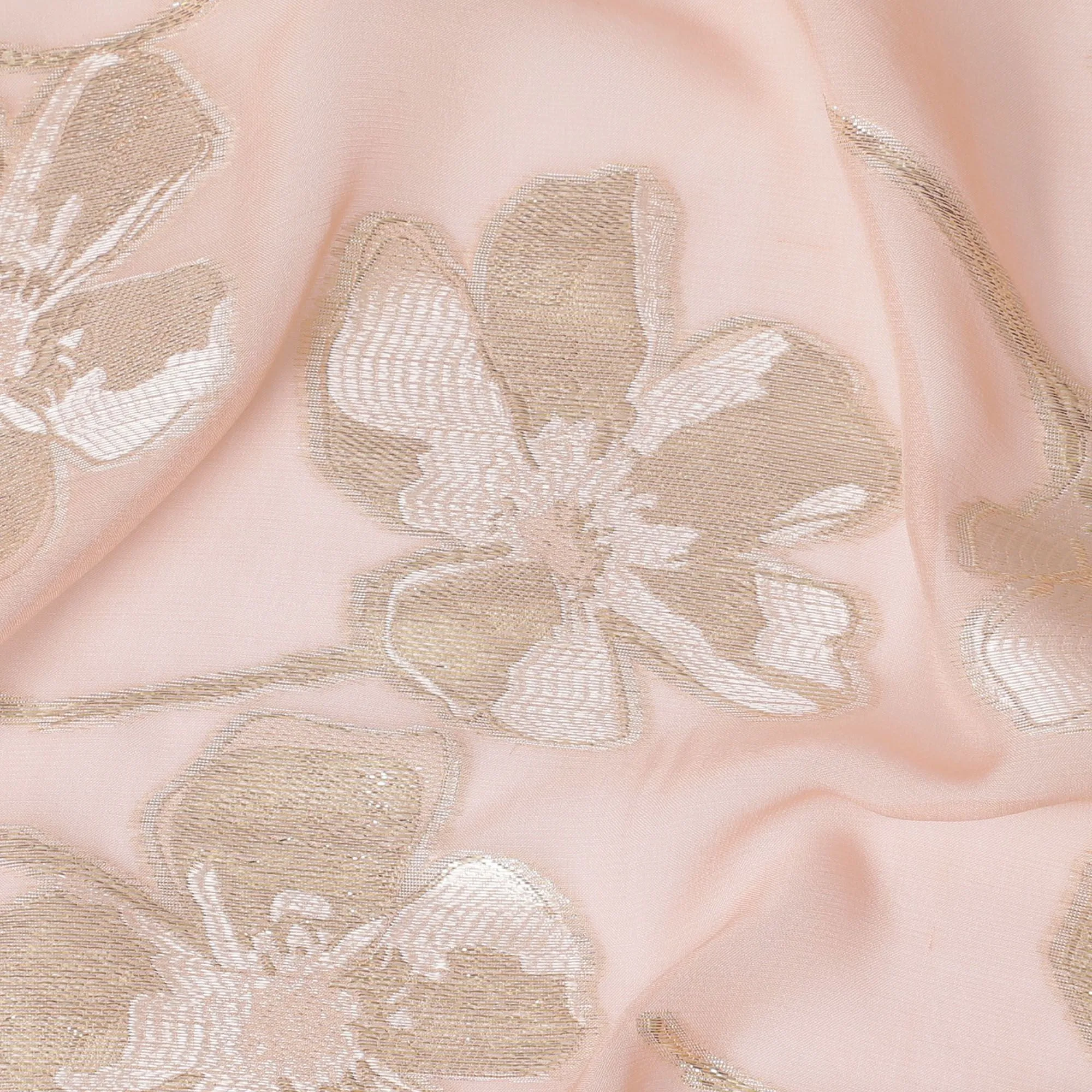 Light Peach Premium pure silk chiffon fabric with same tone viscose having gold and silver metallic lurex in floral design-D17233