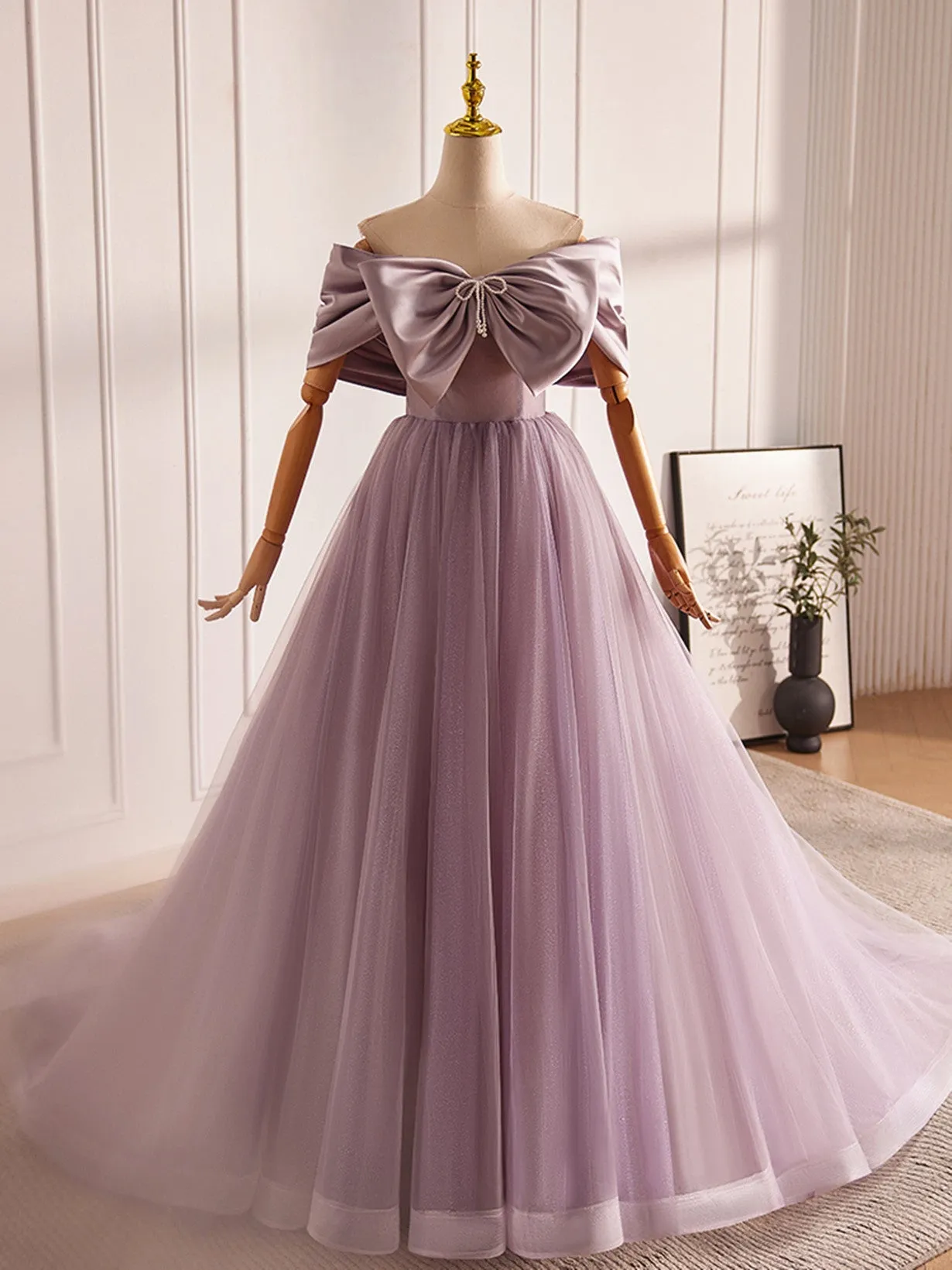 Light Purple Tulle Sweetheart Long Formal Dress, Light Purple Evening Dress Prom Dress