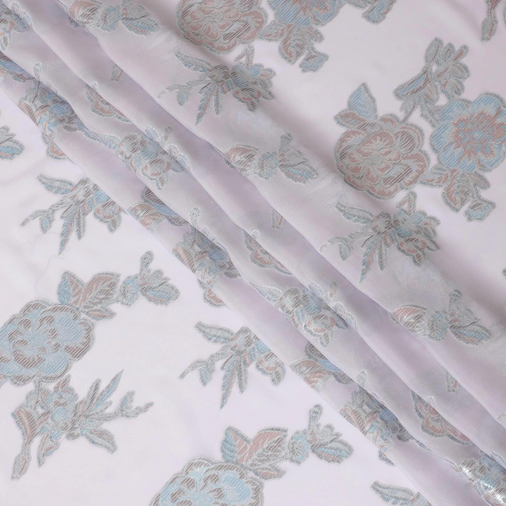 Light thistle purple premium pure silk chiffon fabric with silver, baby blue and copper metallic lurex in floral design-D11498