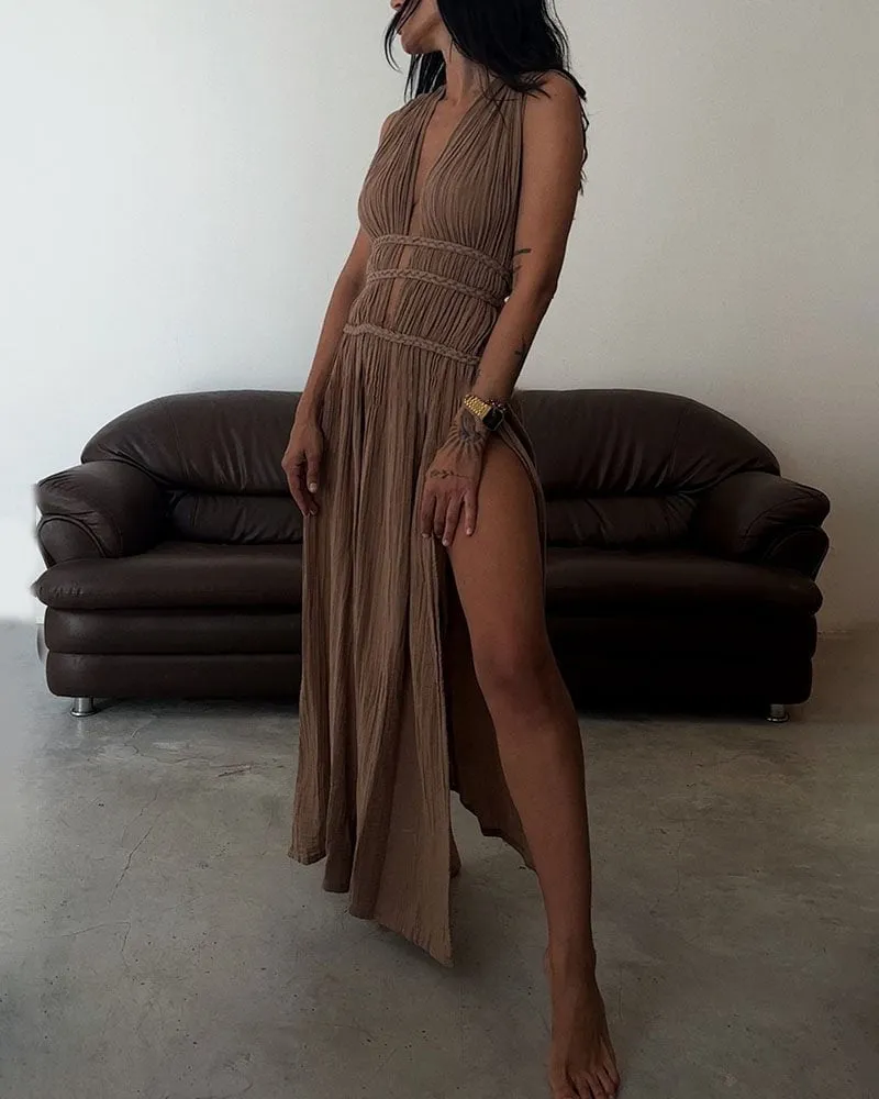 Linen blend sleeveless braided belted slit maxi dress