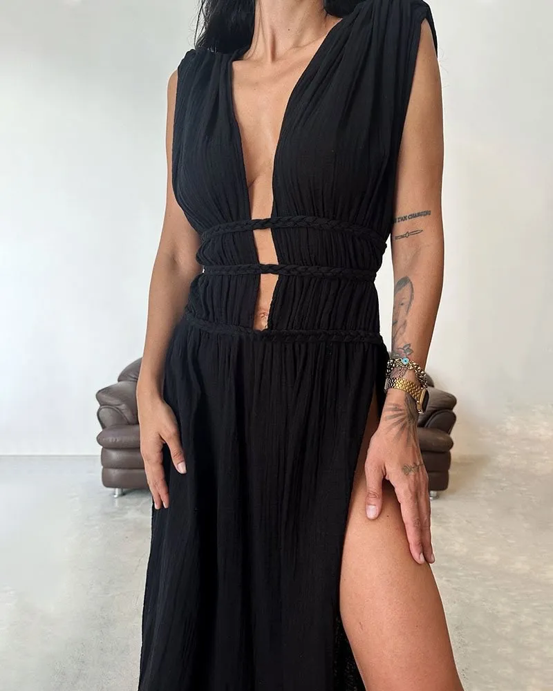 Linen blend sleeveless braided belted slit maxi dress