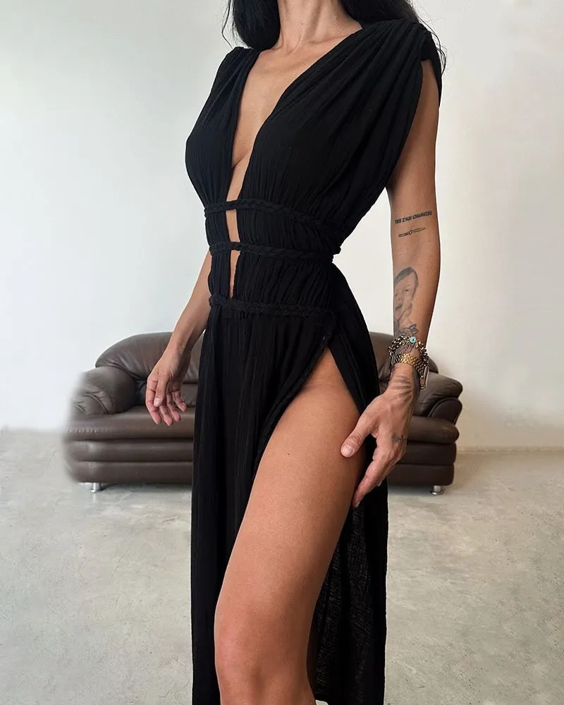 Linen blend sleeveless braided belted slit maxi dress