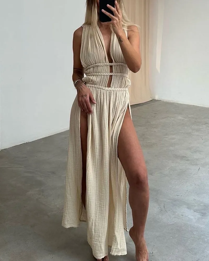 Linen blend sleeveless braided belted slit maxi dress