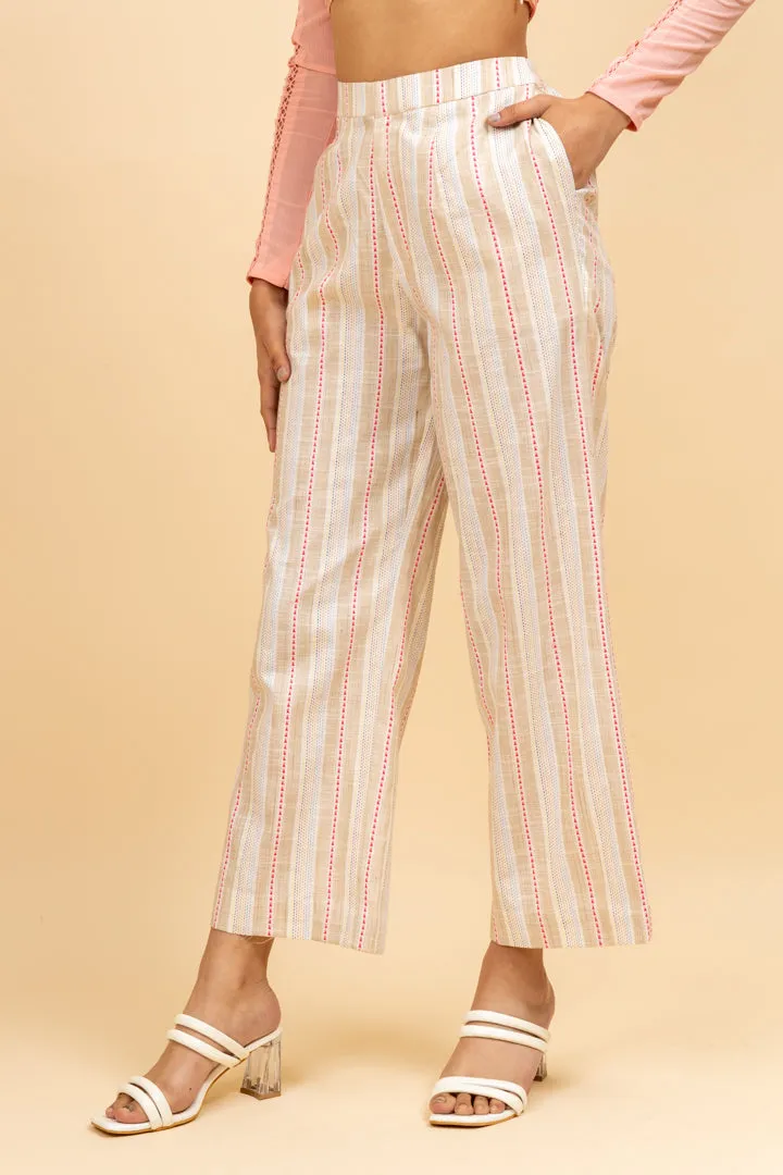 Linen Striped Beige Work Flared Pant