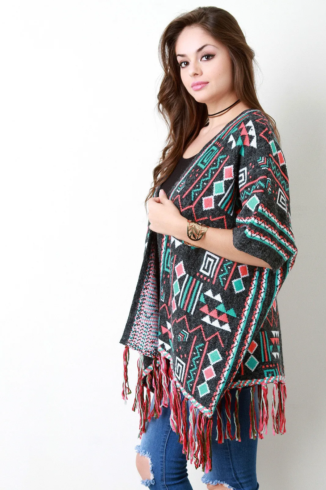 Loose Knit Mayan Fringe Hem Poncho