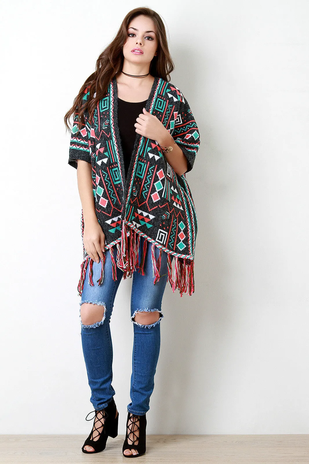 Loose Knit Mayan Fringe Hem Poncho