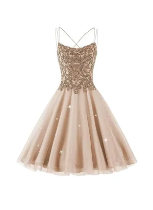 Lovely Tulle with Lace Applique Cross Back Homecoming Dress, Short Prom Dress