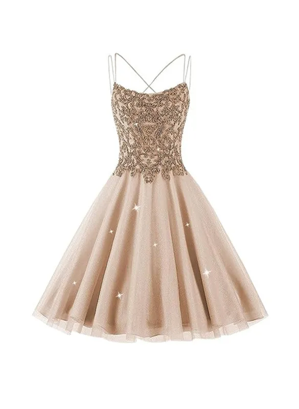 Lovely Tulle with Lace Applique Cross Back Homecoming Dress, Short Prom Dress