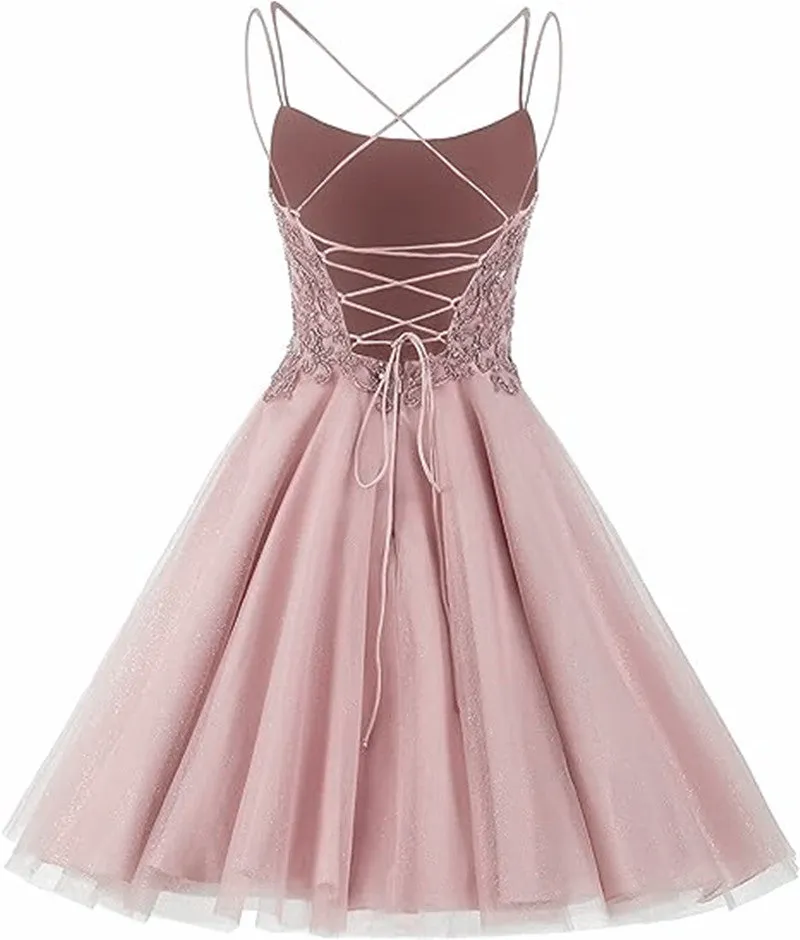 Lovely Tulle with Lace Applique Cross Back Homecoming Dress, Short Prom Dress