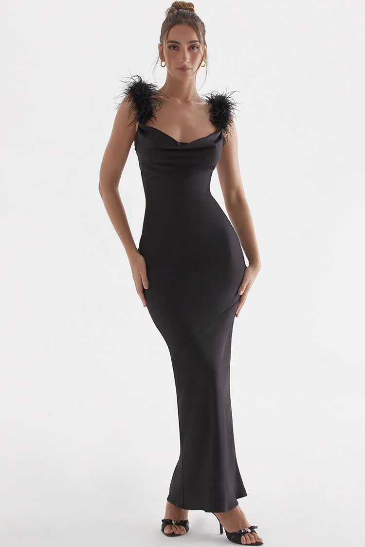 Luxury Cowl Neck Furry Sleeveless Fishtail Satin Evening Maxi Dress - Black