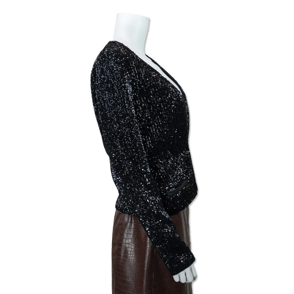 Maje Long Sleeve V Neck Black Sequin Cropped Jacket