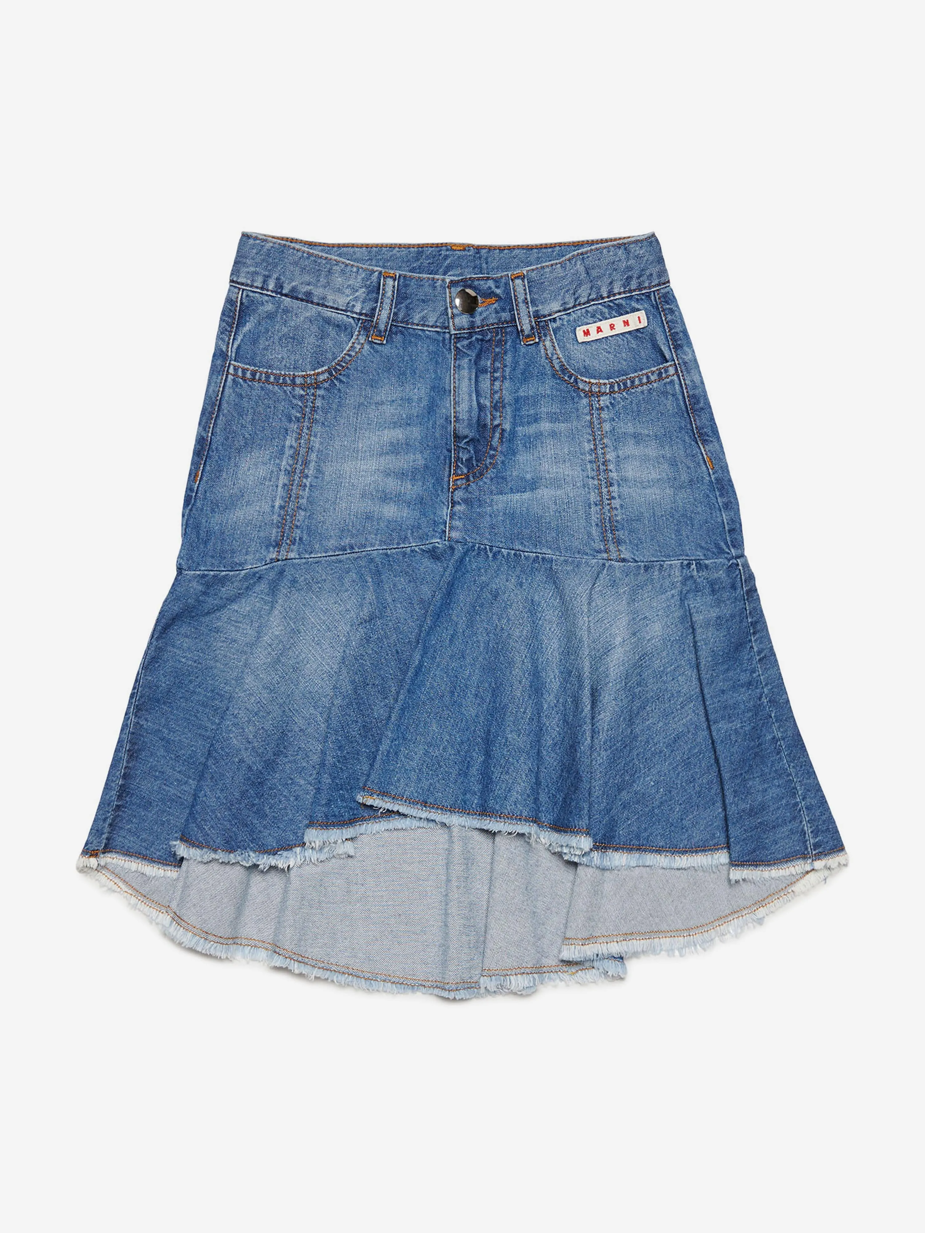 MARNI Girls Raw Cut Denim Skirt in Blue