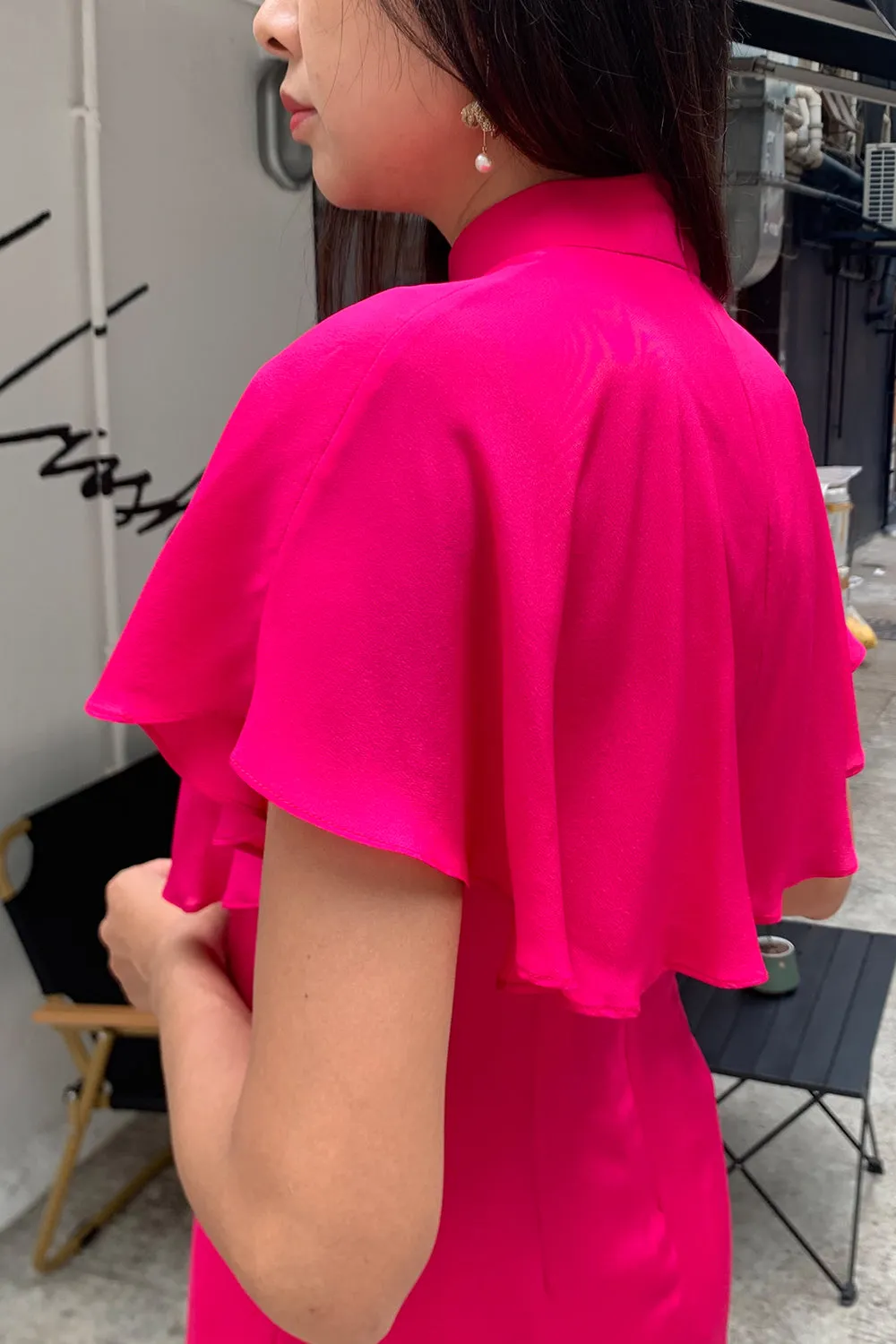 MELISSA Silk Chiffon Cape Cheongsam (Fuchsia)