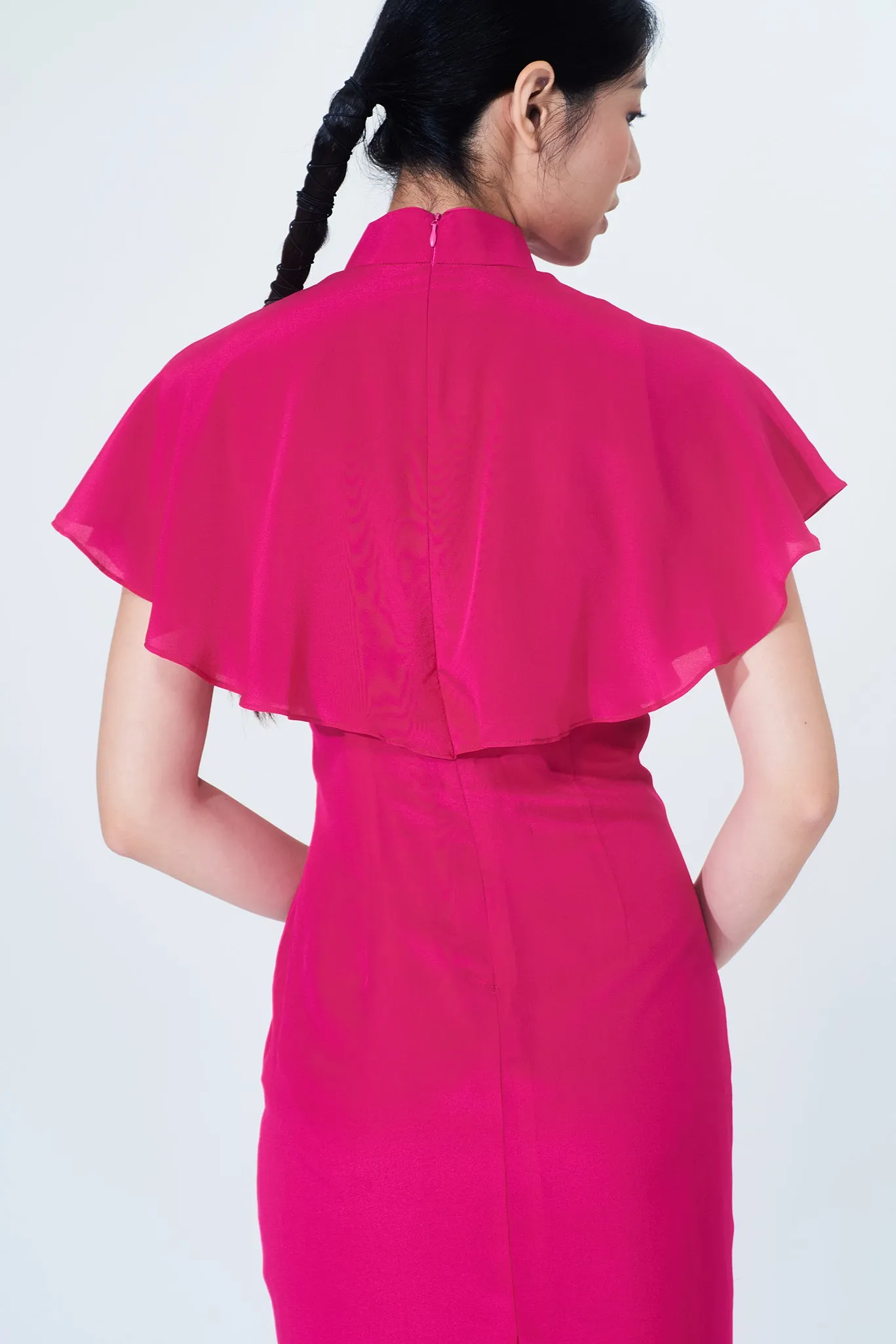 MELISSA Silk Chiffon Cape Cheongsam (Fuchsia)