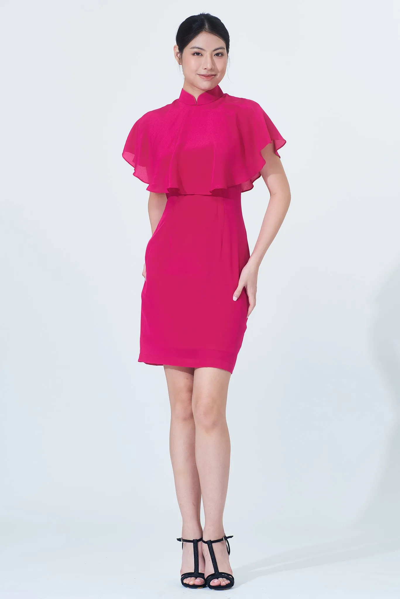 MELISSA Silk Chiffon Cape Cheongsam (Fuchsia)