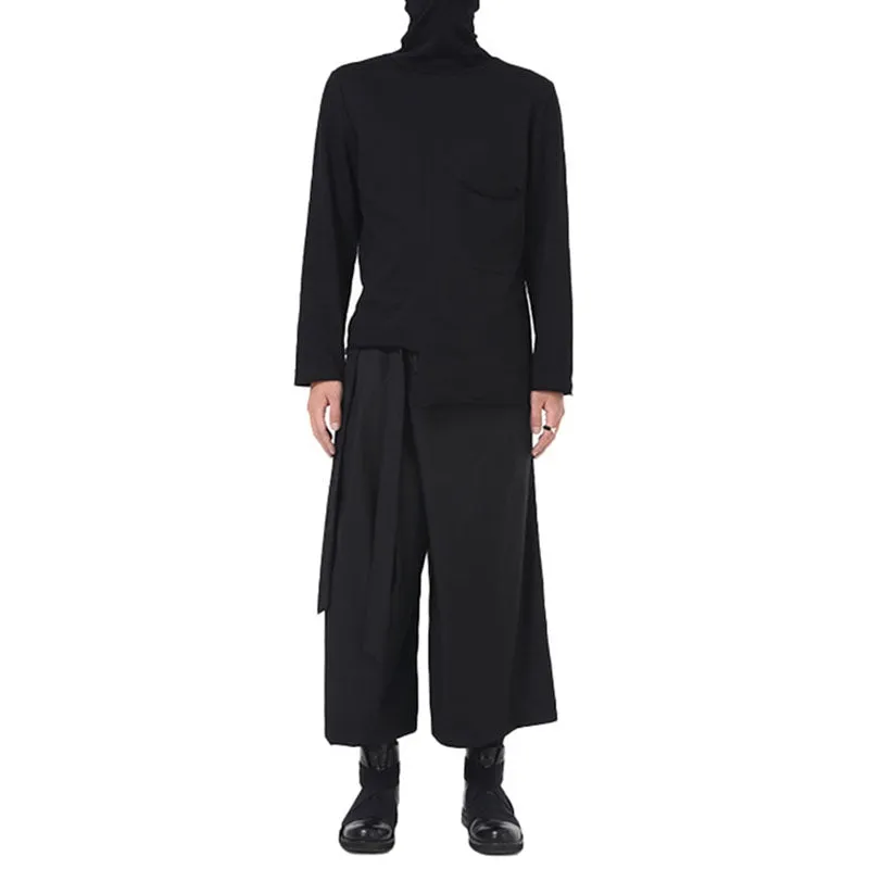 Men Harem Pants Black Culottes Wide Leg Loose Casual Pants