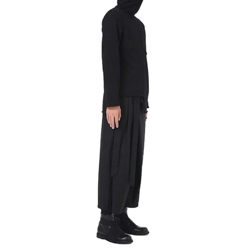 Men Harem Pants Black Culottes Wide Leg Loose Casual Pants