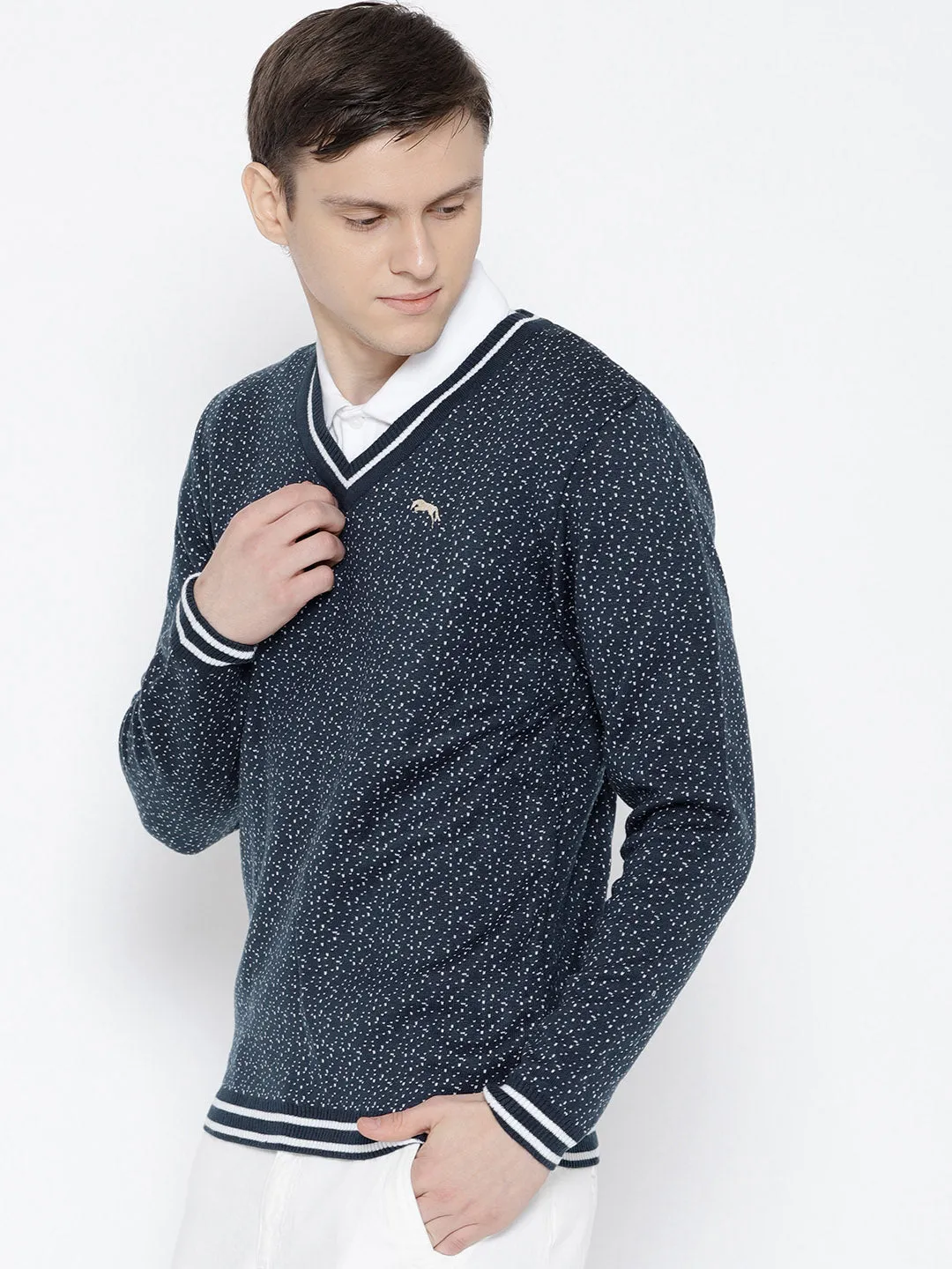 Men Navy Blue and White Colourblocked Pullover