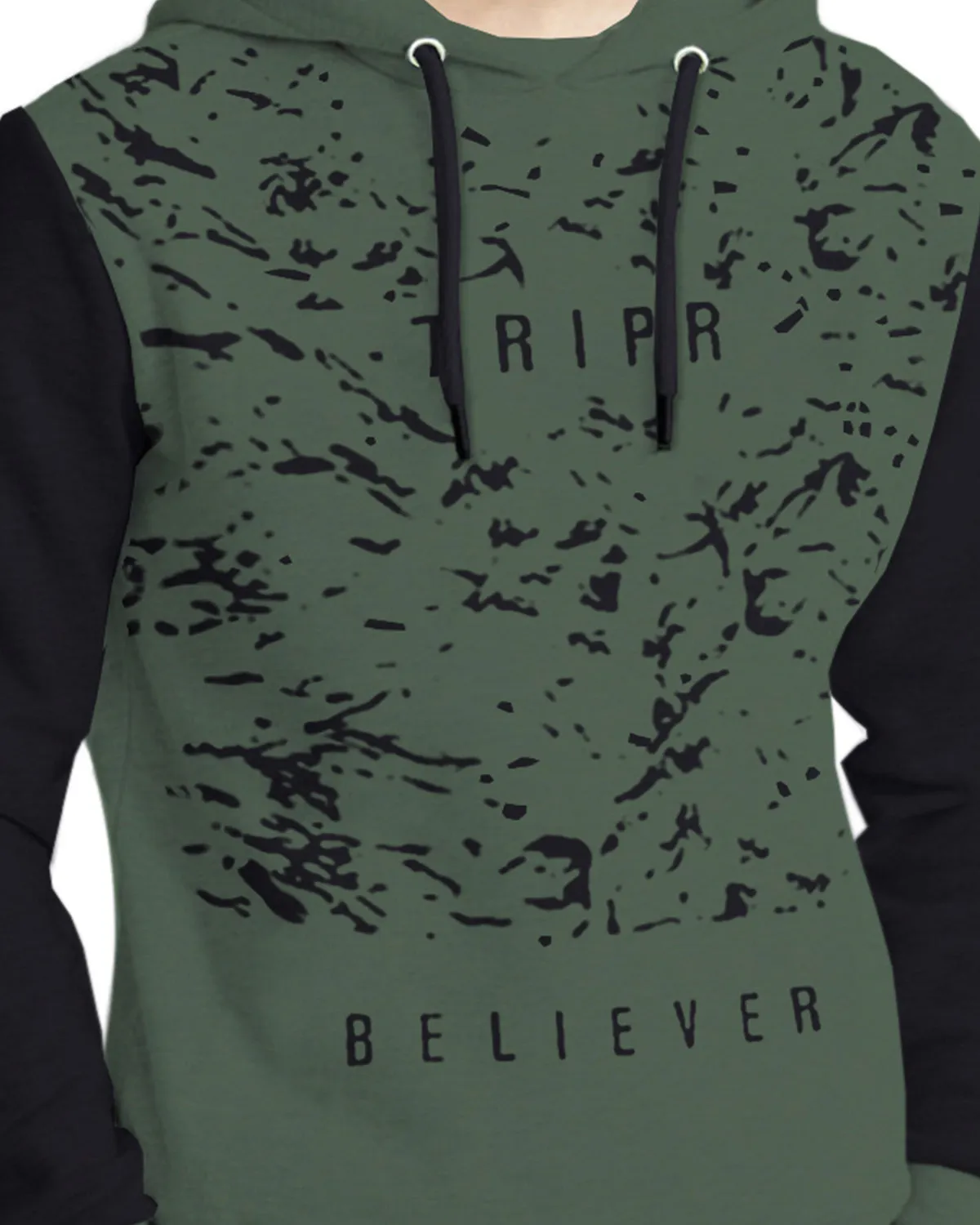 Men Olive Green Black Printed Hooded Sweatshirt