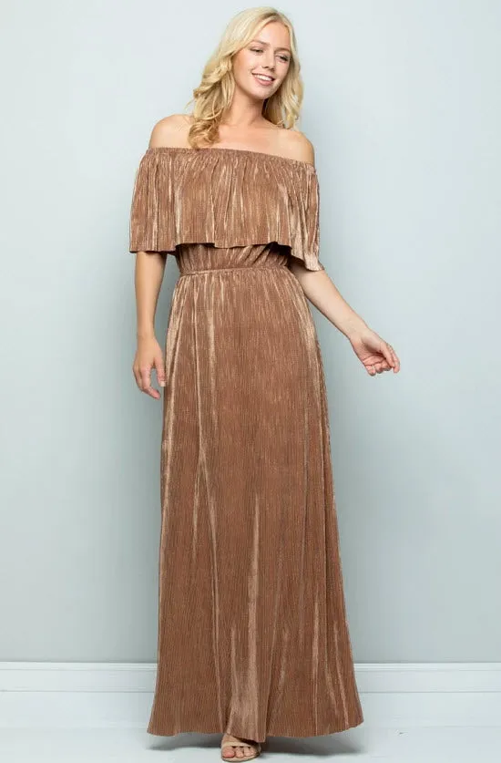 Metallic Ruffle Maxi Dress, Bronze