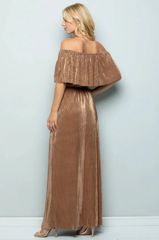 Metallic Ruffle Maxi Dress, Bronze