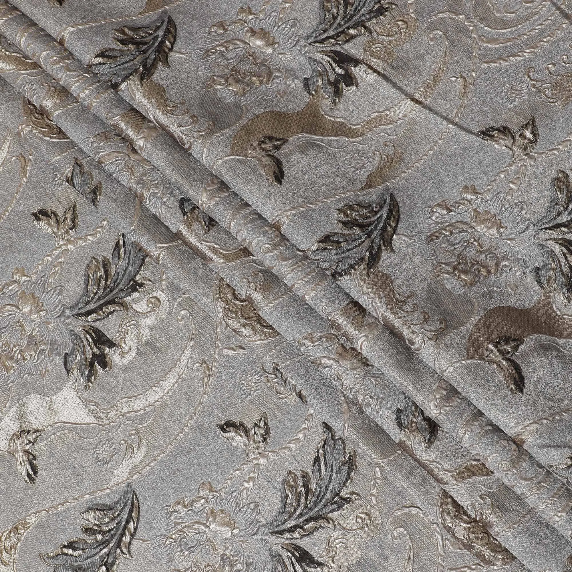 Metallic Silver and Charcoal Synthetic Brocade Fabric with Floral Swirl Design - 140 cm Width-D19802