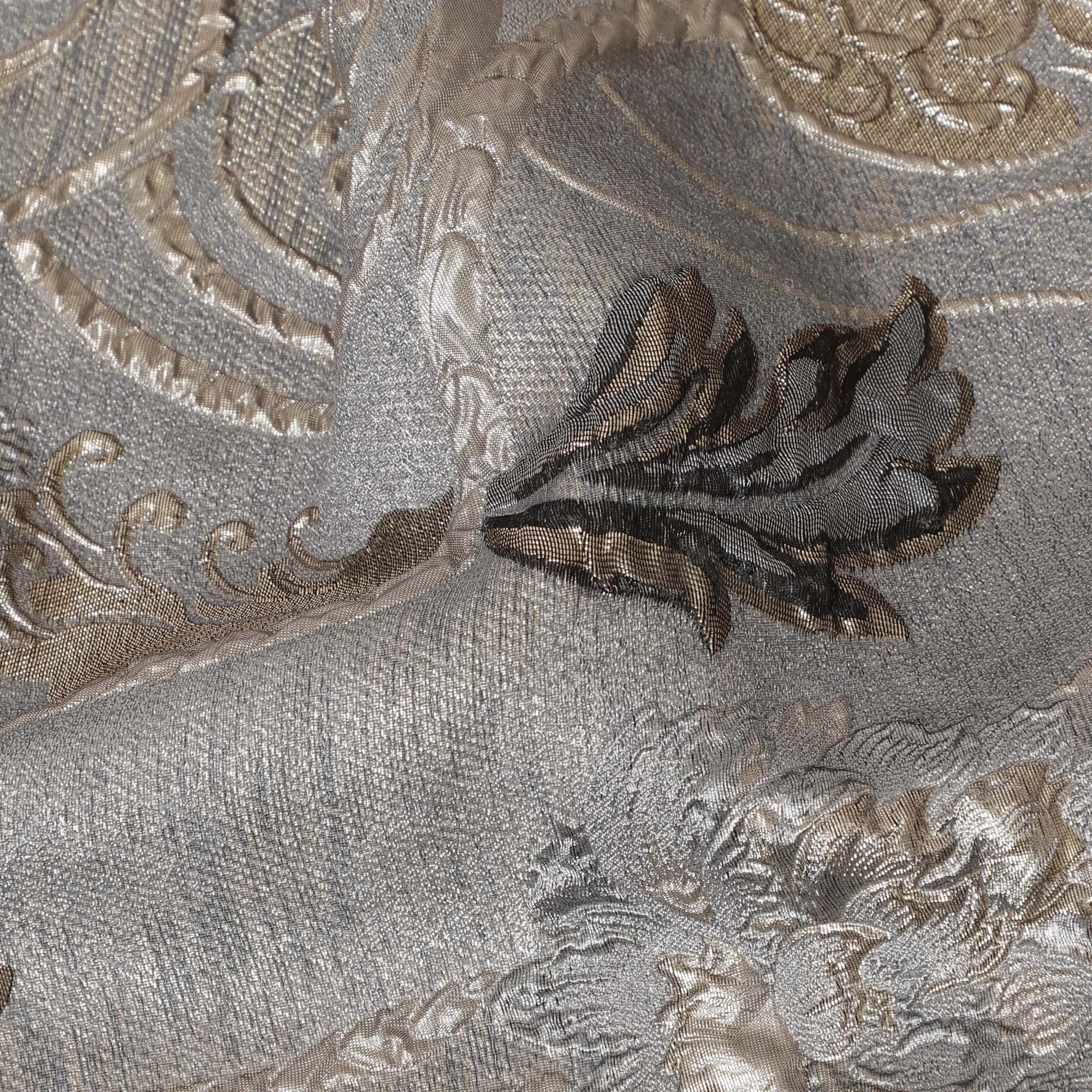 Metallic Silver and Charcoal Synthetic Brocade Fabric with Floral Swirl Design - 140 cm Width-D19802