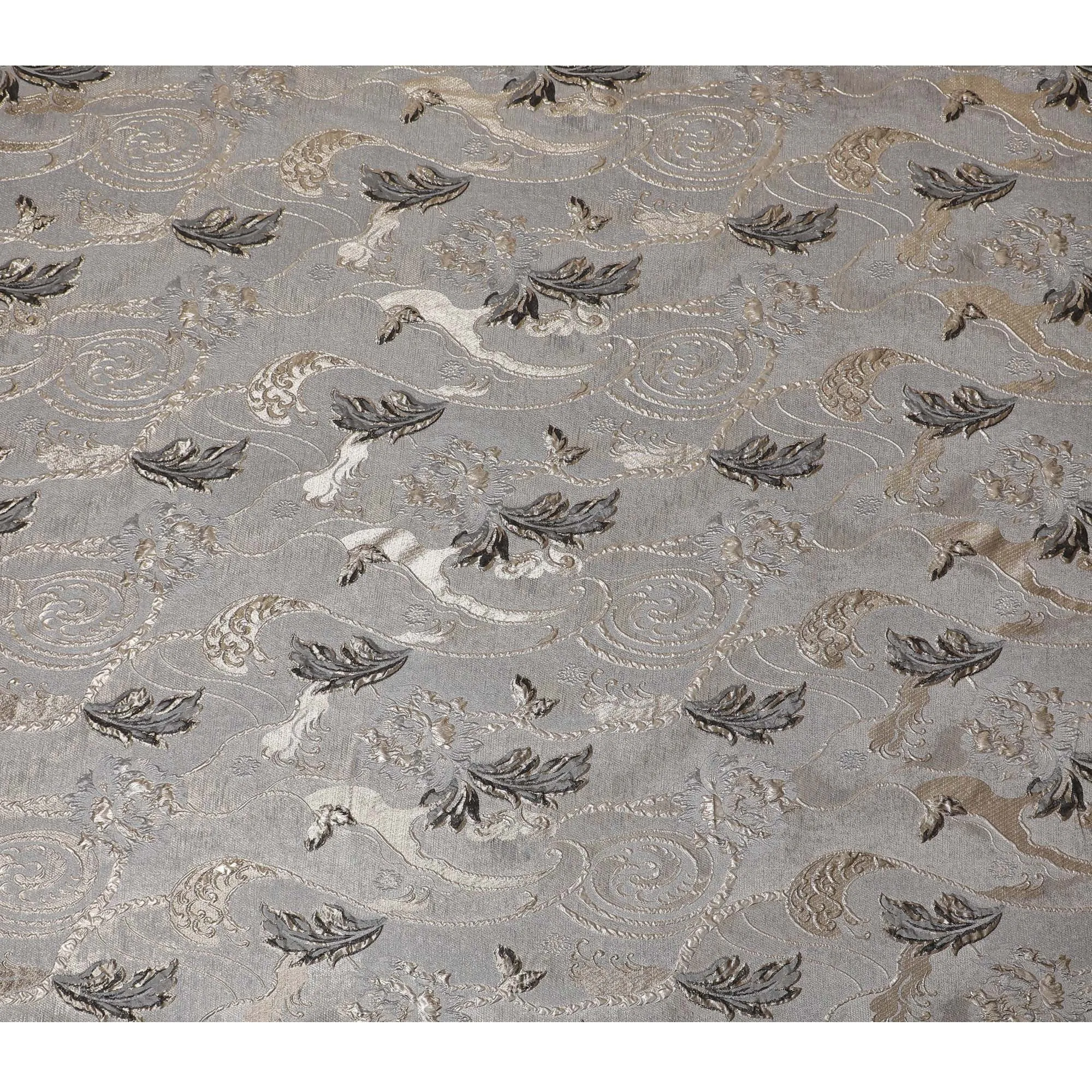 Metallic Silver and Charcoal Synthetic Brocade Fabric with Floral Swirl Design - 140 cm Width-D19802