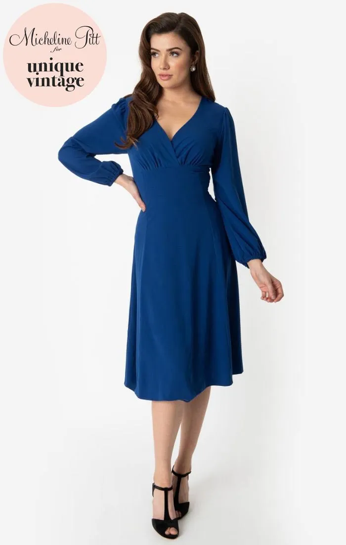 Micheline Pitt For Unique Vintage 1950s Style Royal Blue Pris Swing Dress (4XL and 5XL ONLY)