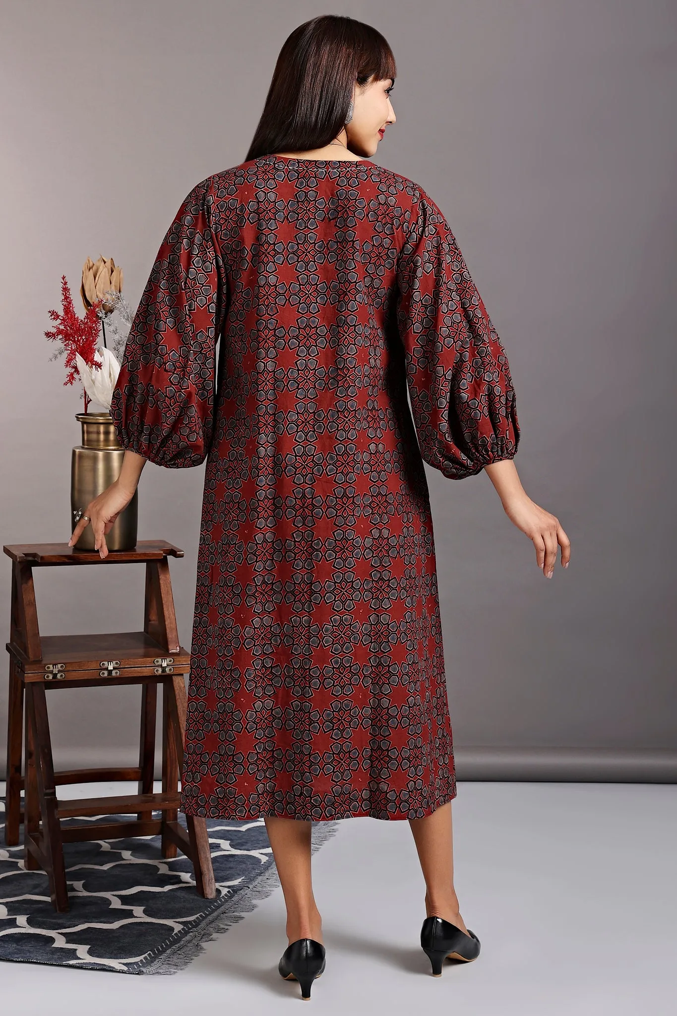 midi dress with boxy sleeves - vintage merlot & mughal jaali