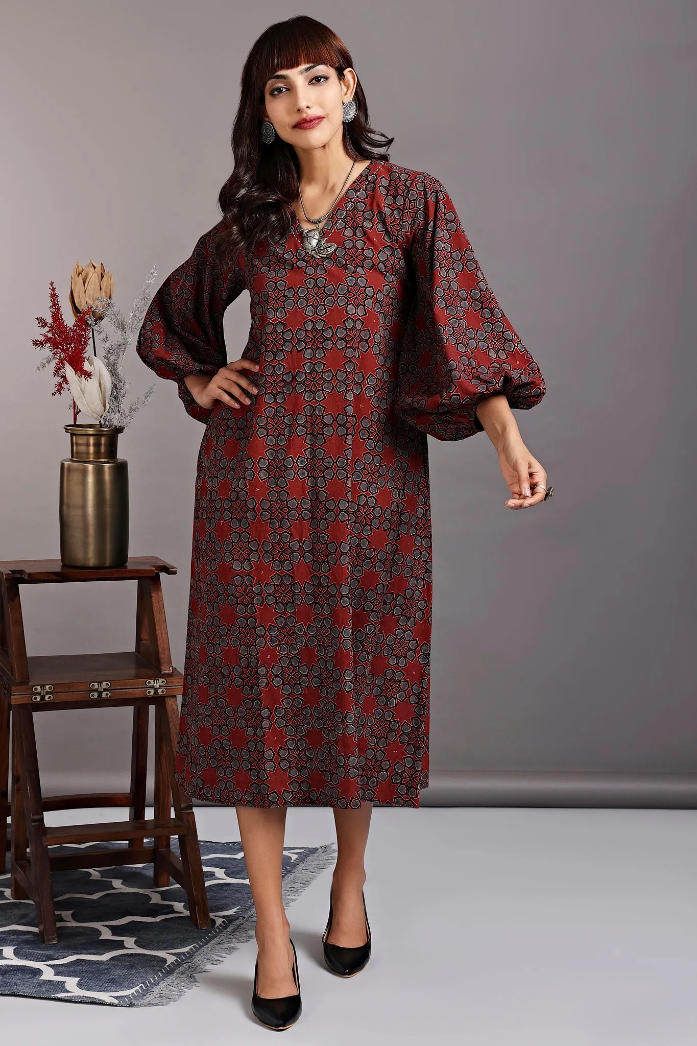 midi dress with boxy sleeves - vintage merlot & mughal jaali